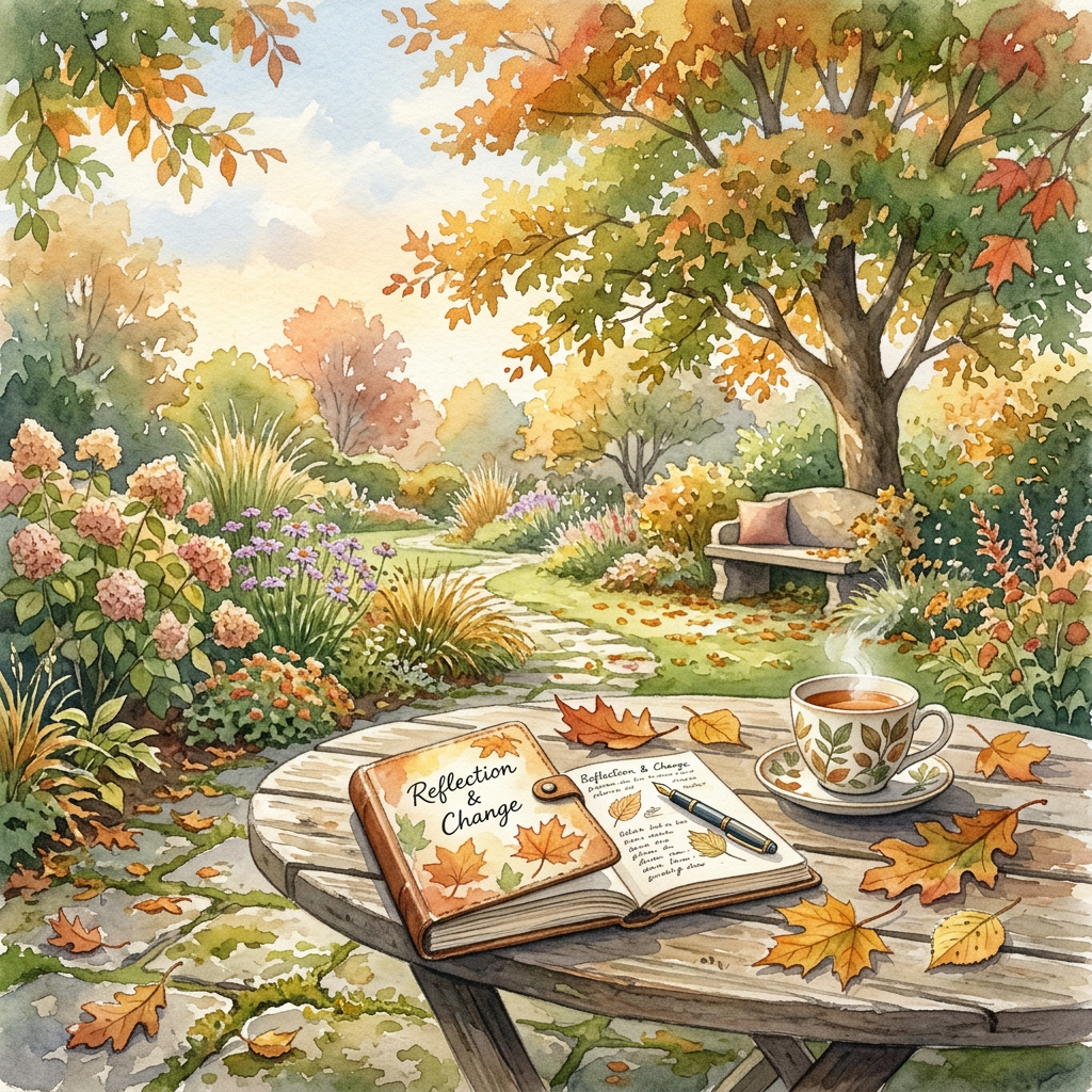 Open journal labeled “Reflection & Change” beside tea in an autumn garden