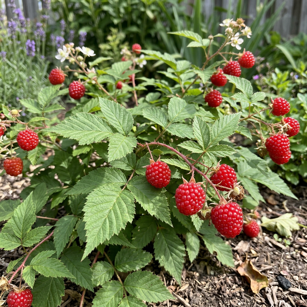 Ripe red raspberries growing on leafy garden plants