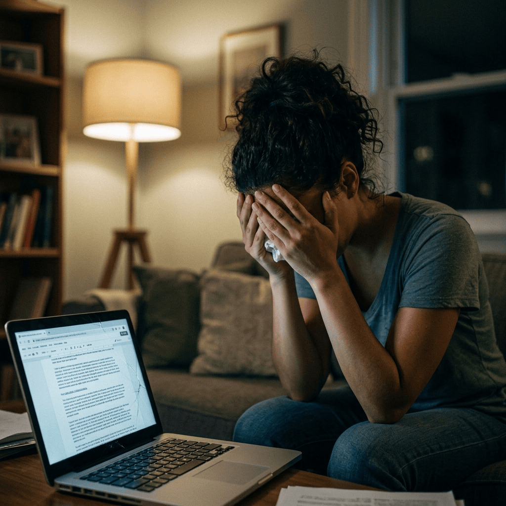 Woman holding her head beside a laptop, appearing distressed